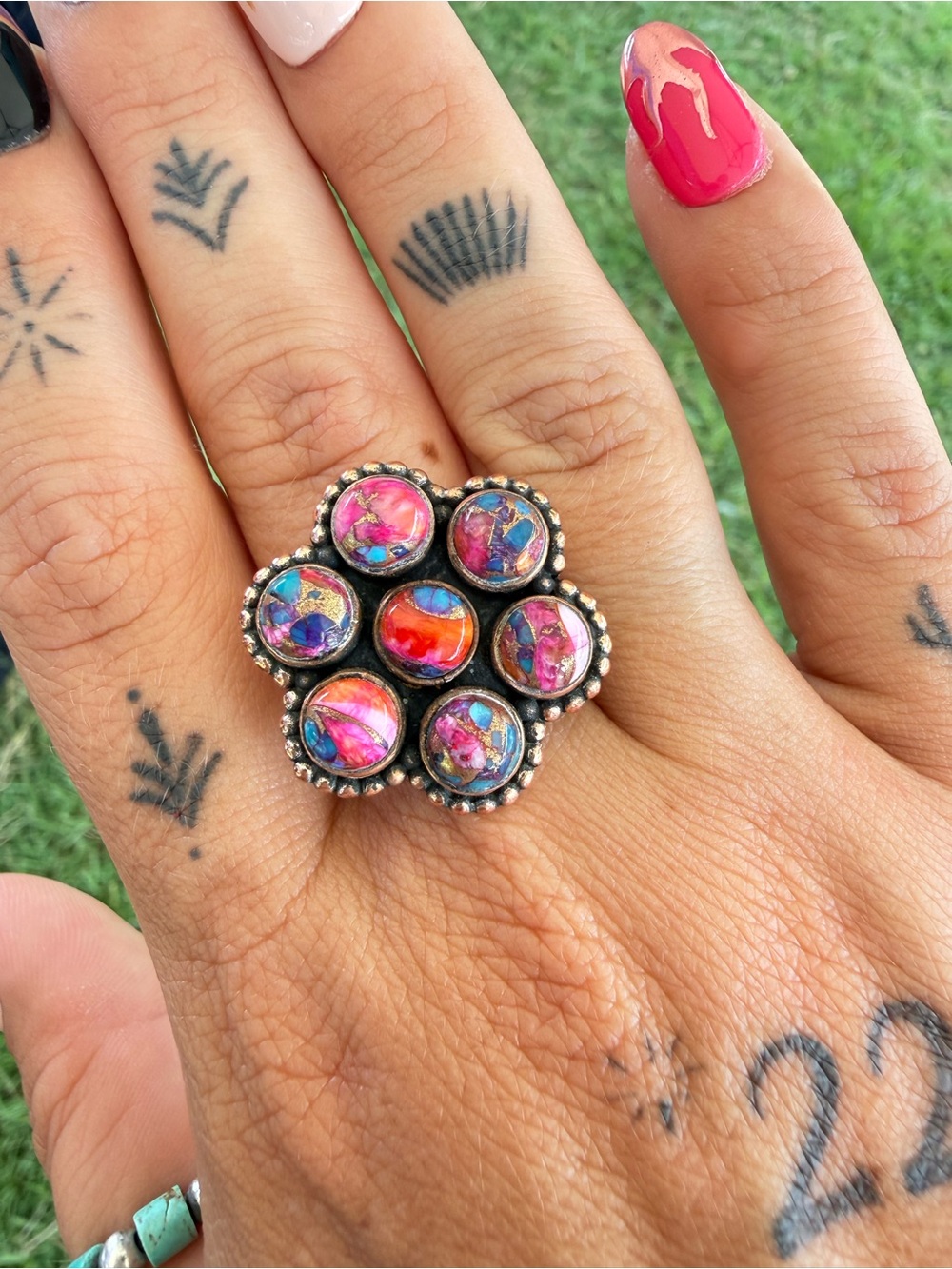 Rose Dahlia and Pure Copper 7 Stone Flower Ring- Adjustable.